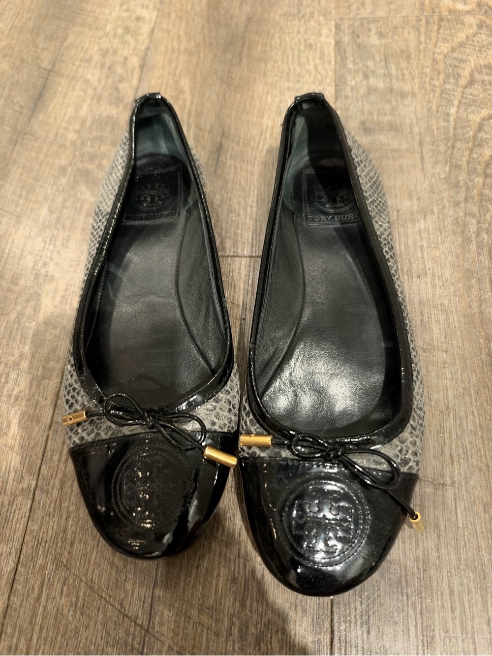 Tory Burch Black Patent Cap-Toe Logo Ballet Flats with Gray Snake-Print Sides